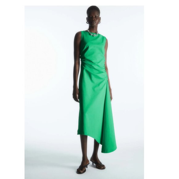 cos asymmetric gathered midi dress GATHERED ASYMMETRIC MIDI DRESS - BLACK